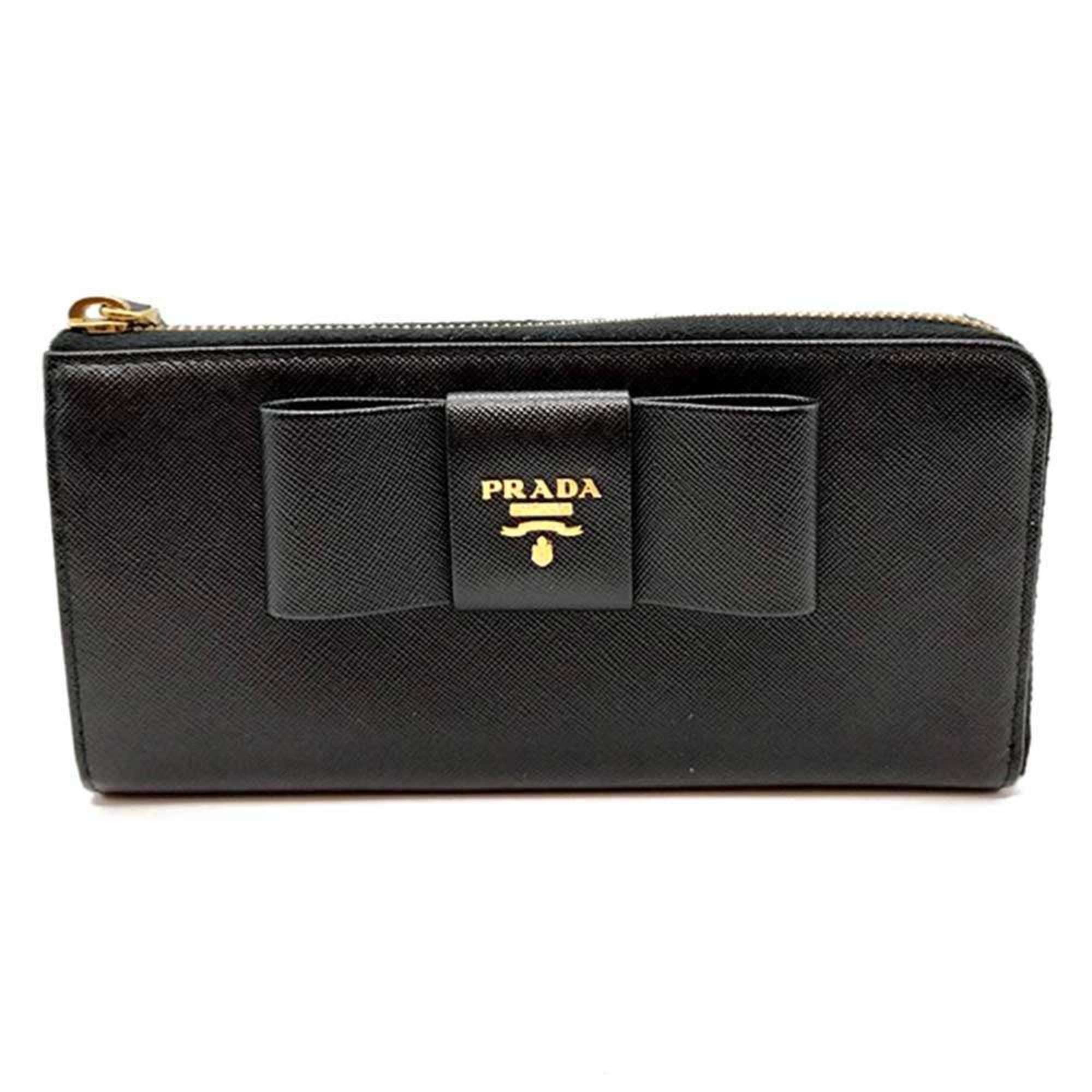 Prada L-Shaped Long Wallet With Ribbon, Nero And Black Saffiano, 1m1183 Prada